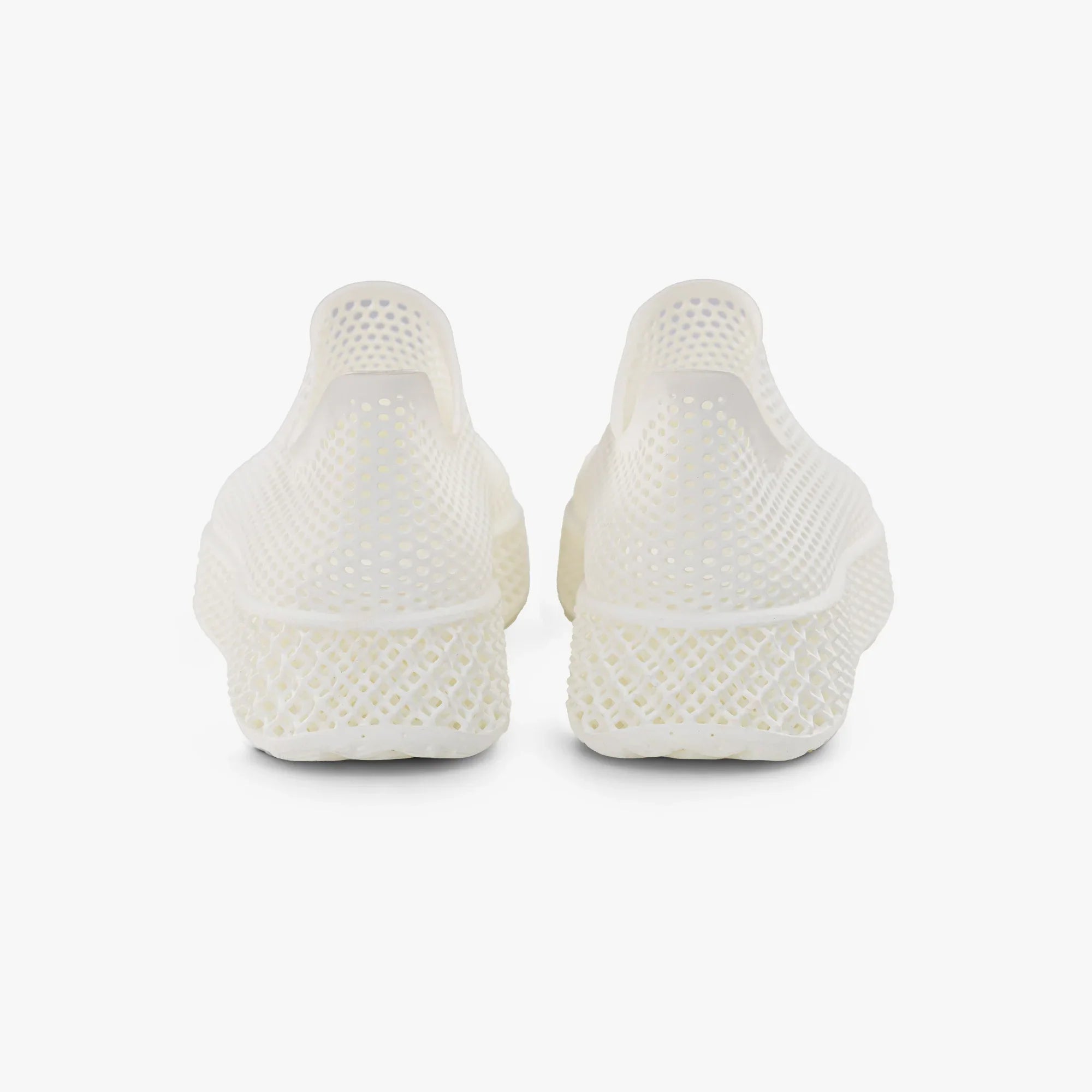 Off-white sneakers rear view with 3D printed heel area and treaded sole