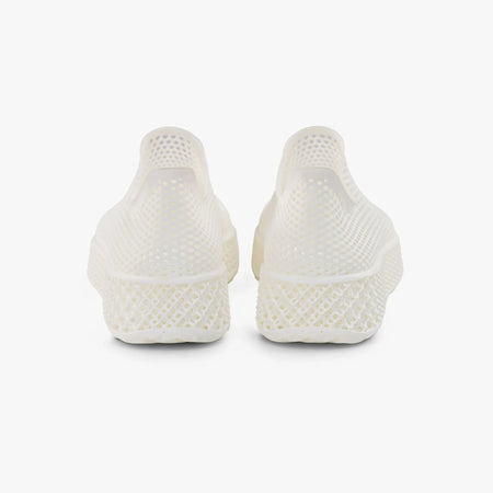 Off-white sneakers rear view with 3D printed heel area and treaded sole