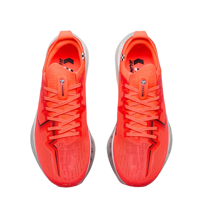 Pair of women’s marathon racing shoes, orange lace-up with padded tongue and heel collar.