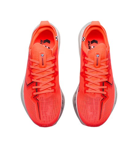 Pair of women’s marathon racing shoes, orange lace-up with padded tongue and heel collar.