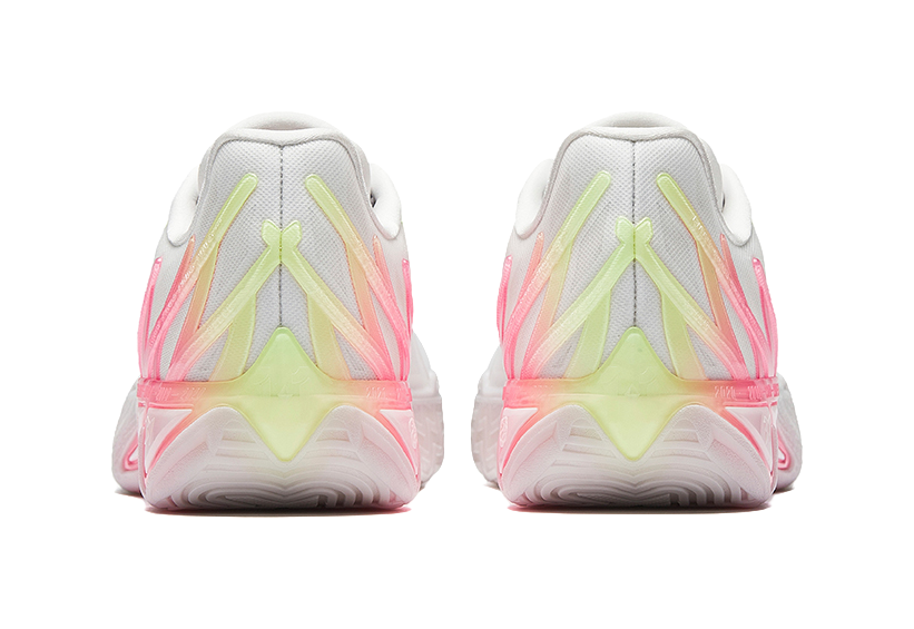 Back view of white basketball shoe heels with pink and green details
