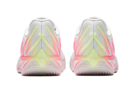Back view of white basketball shoe heels with pink and green details