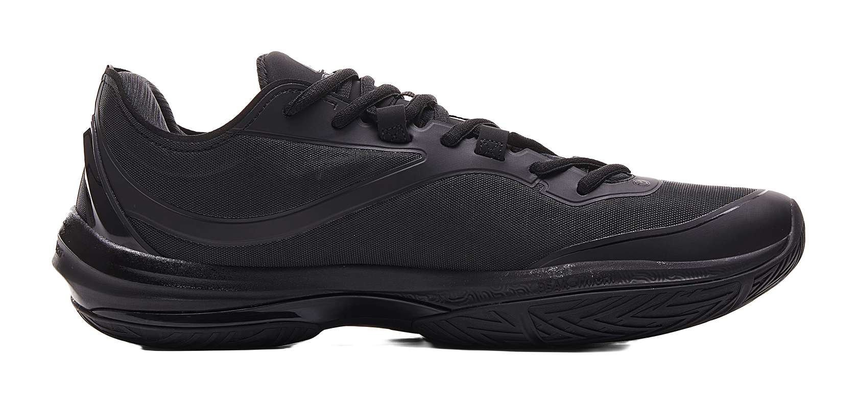 Black basketball shoe with textured upper, lace-up closure, and thick outsole.