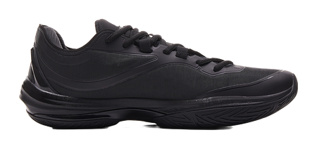 Black basketball shoe with textured upper, lace-up closure, and thick outsole.