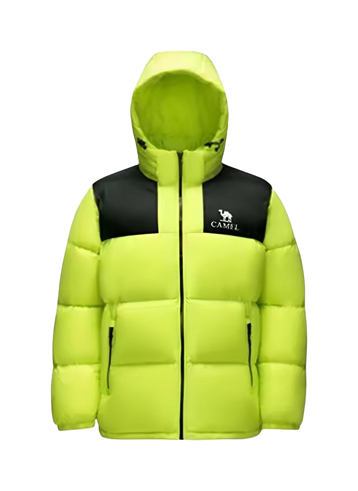 Neon lime and black color-block hooded down puffer jacket with CAMEL logo, full-zip.
