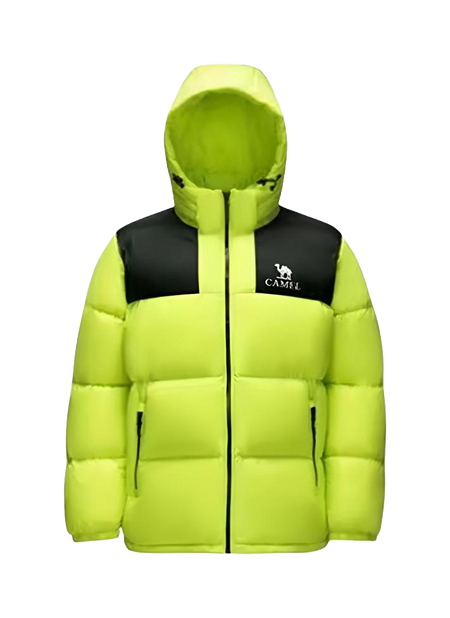 Neon lime and black color-block hooded down puffer jacket with CAMEL logo, full-zip.