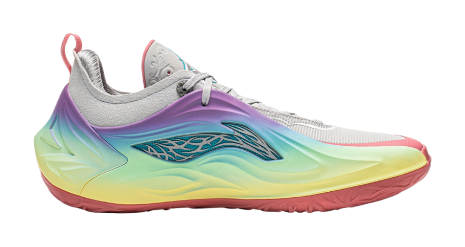 Men's low-top lace-up basketball shoes, grey upper with rainbow side graphic