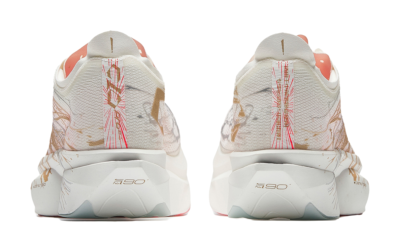 Marathon racing shoes heels in white with bronze-gold pattern and red accents