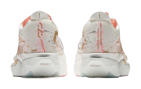 Marathon racing shoes heels in white with bronze-gold pattern and red accents