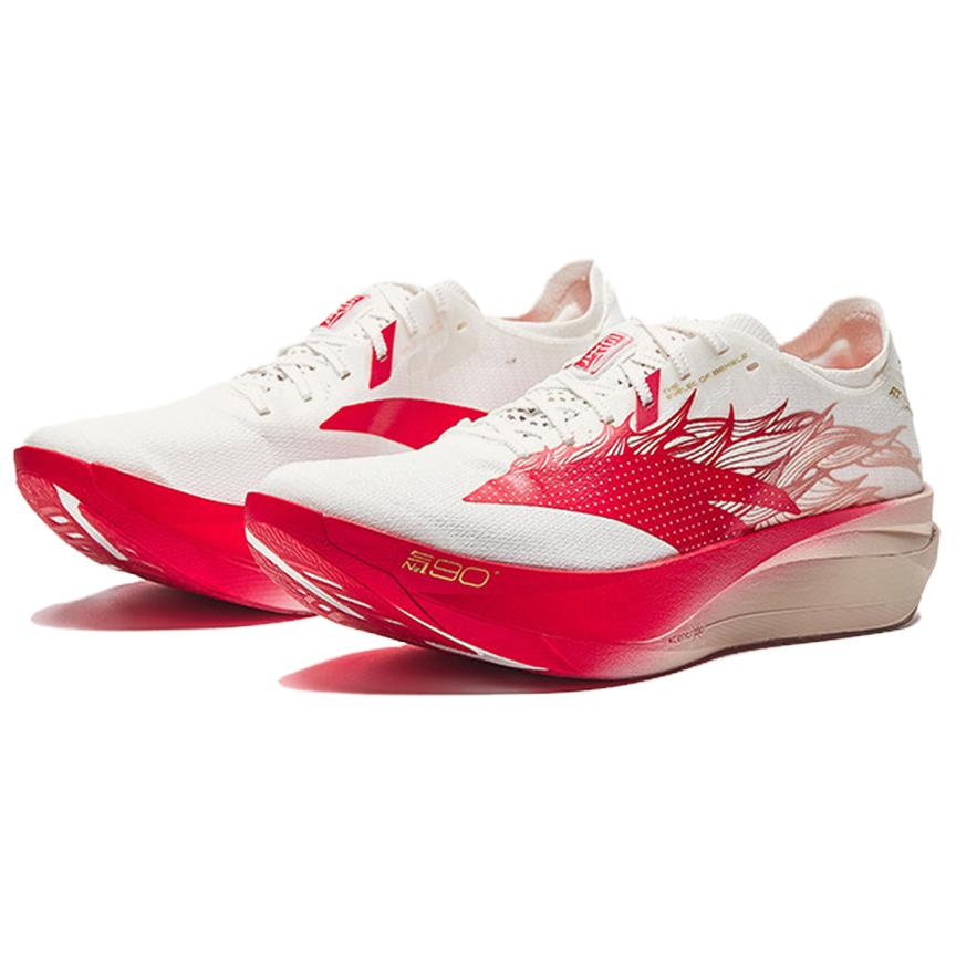 White lace-up running shoe with red swoosh panel and horse artwork