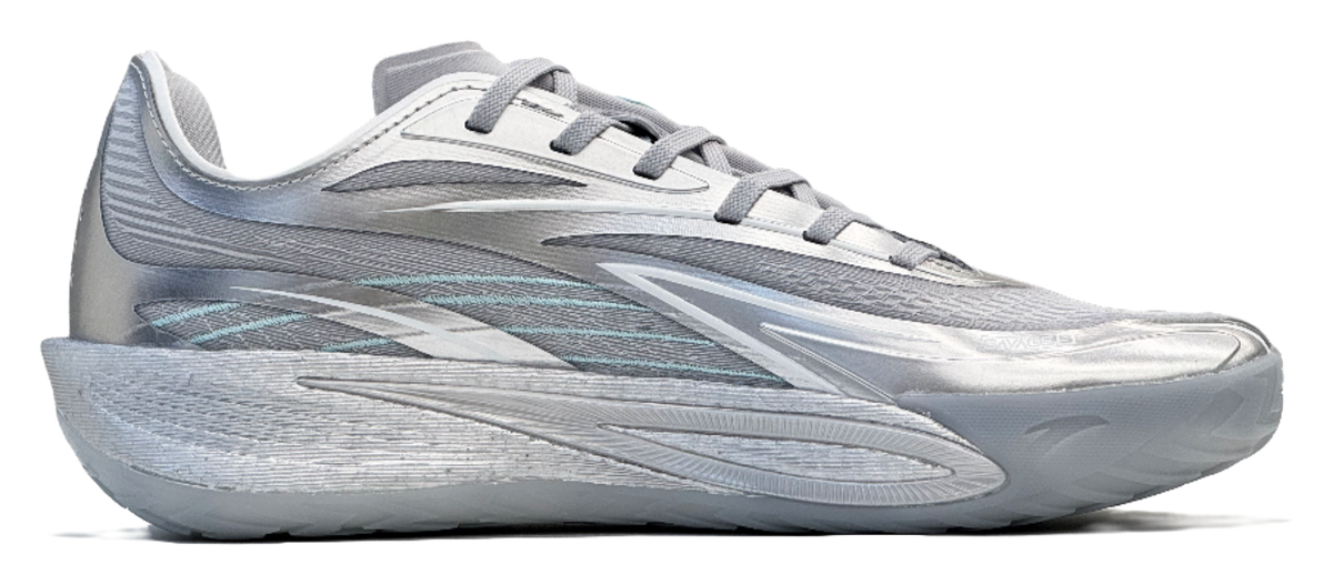 Silver low-top basketball shoe, front side view, blue swoosh-style panel