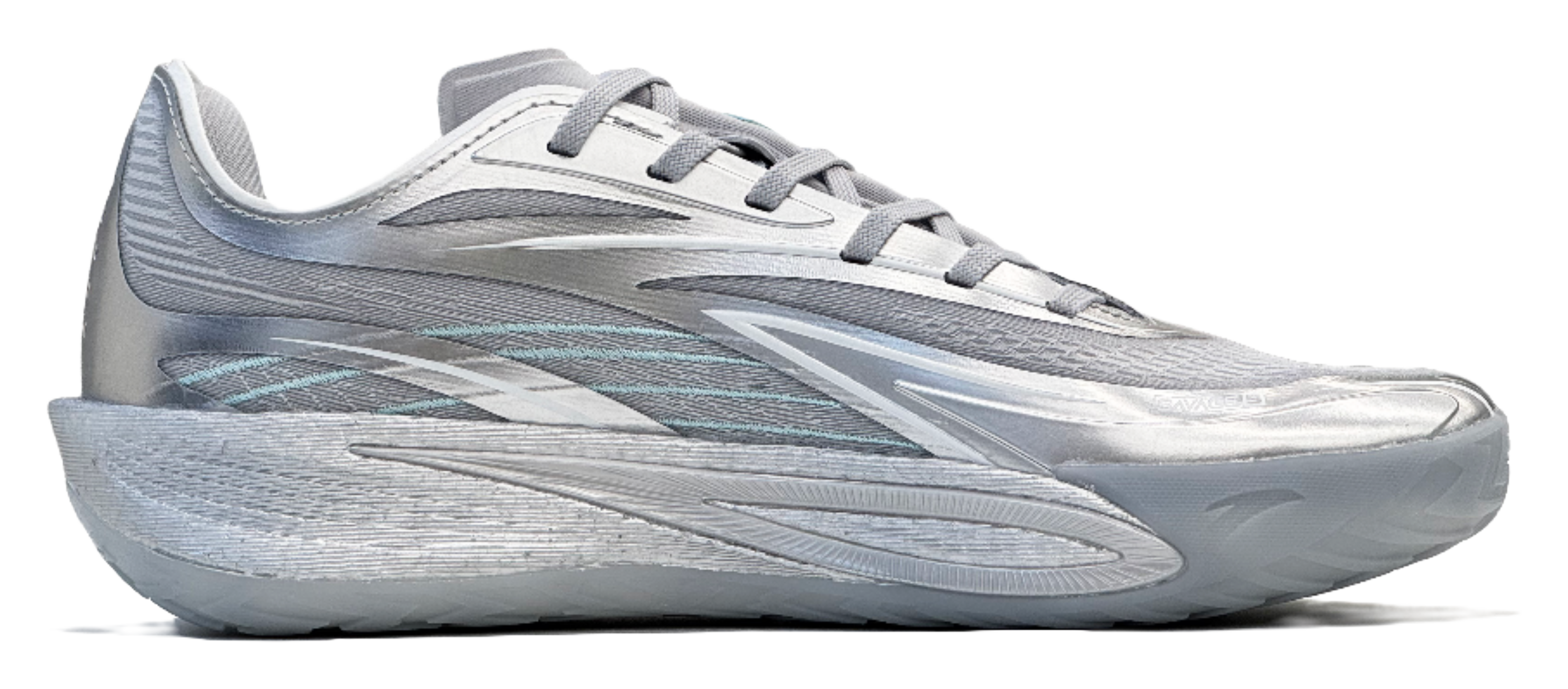 Silver low-top basketball shoe, front side view, blue swoosh-style panel