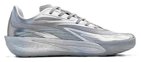 Silver low-top basketball shoe, front side view, blue swoosh-style panel
