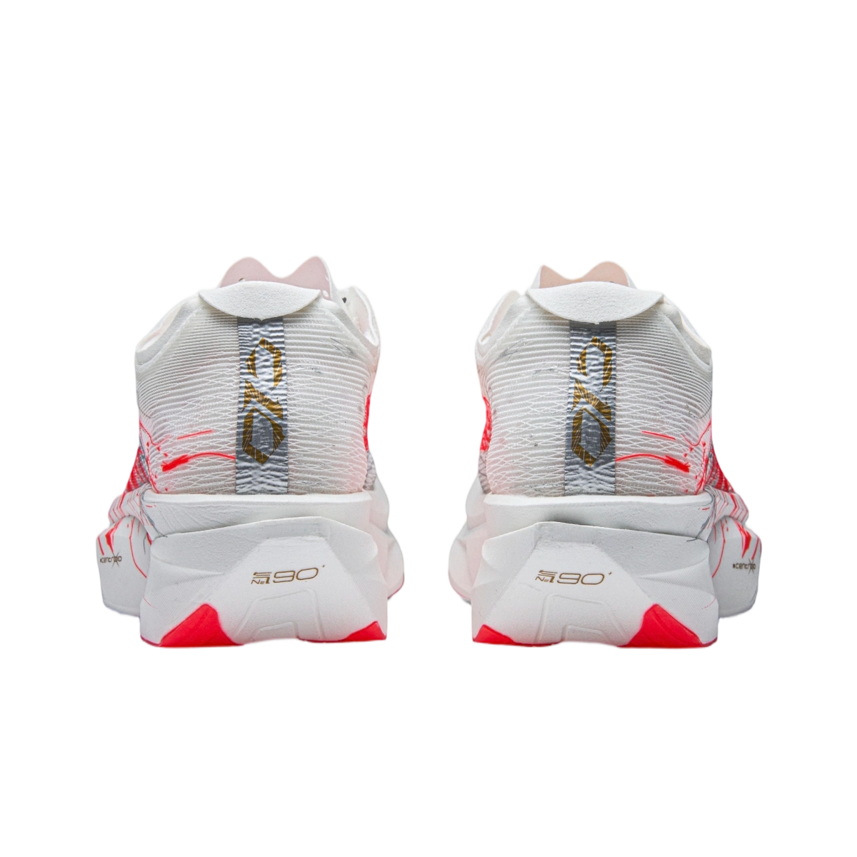 Back view of white and red lace-up racing running shoes with heel pull tab