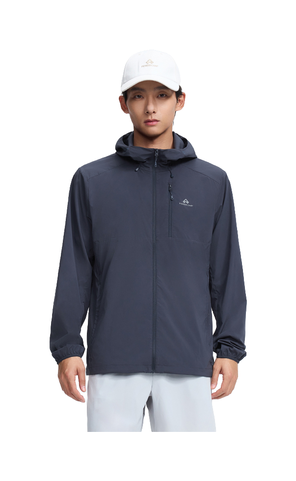 Men's hooded sun jacket, dark navy, front zipper and drawcord hood