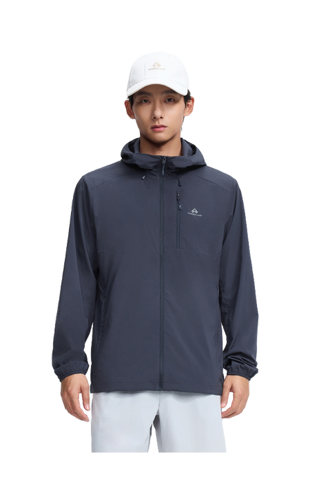 Men's hooded sun jacket, dark navy, front zipper and drawcord hood