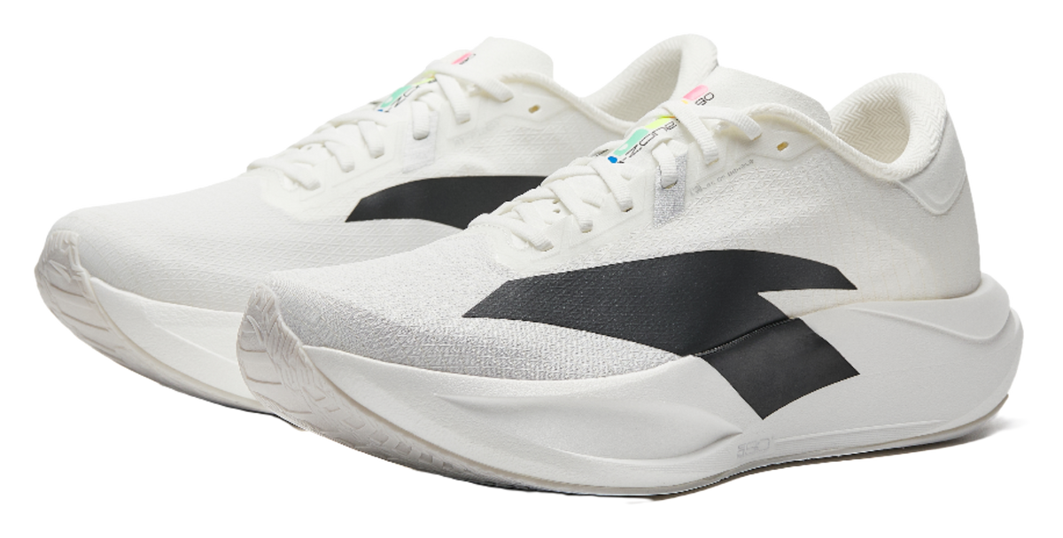 Pair of white running shoes with black logo panels and thick cushioned midsole.