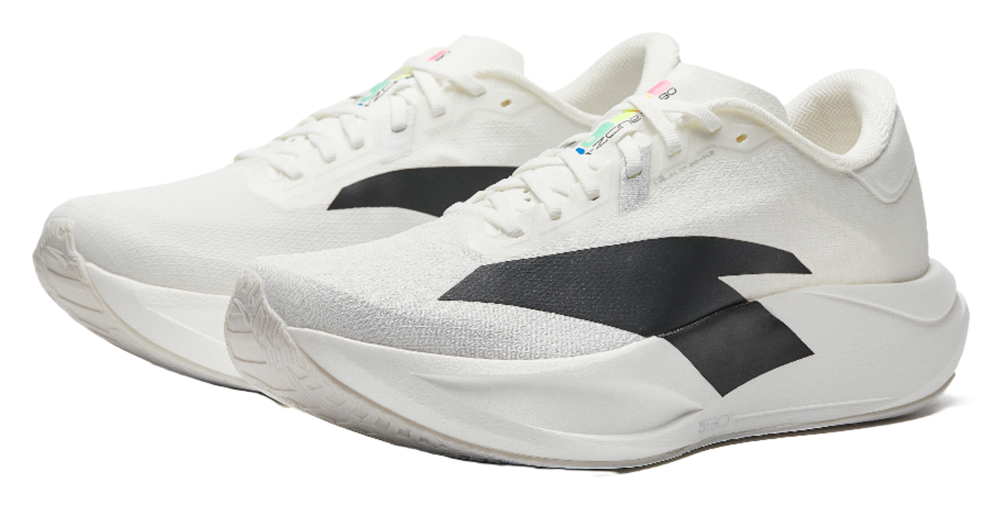 Pair of white running shoes with black logo panels and thick cushioned midsole.