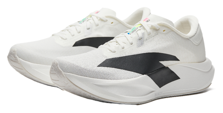 Pair of white running shoes with black logo panels and thick cushioned midsole.