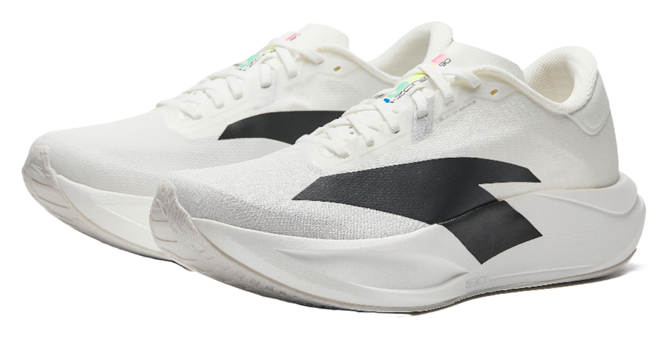 Pair of white running shoes with black logo panels and thick cushioned midsole.