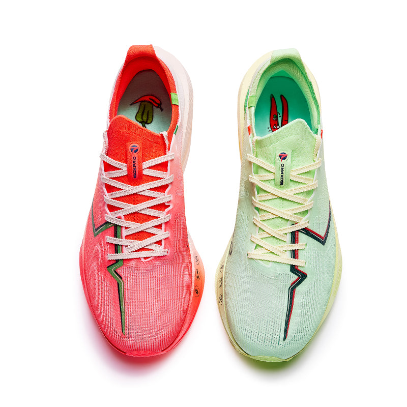 Marathon racing shoes, light green and red, lace-up front view with tongue branding
