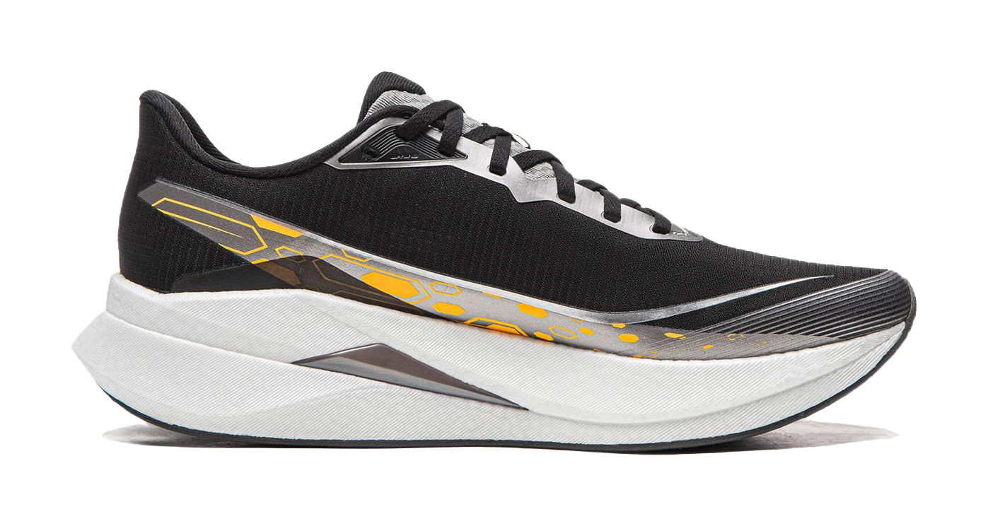 Black running shoe side view with white-gray midsole, yellow-orange logo detailing.