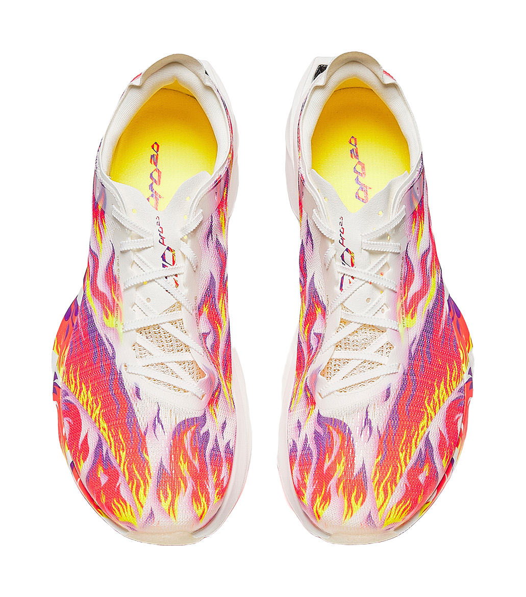 Marathon racing shoes with white laces and multicolor flame artwork on the uppers