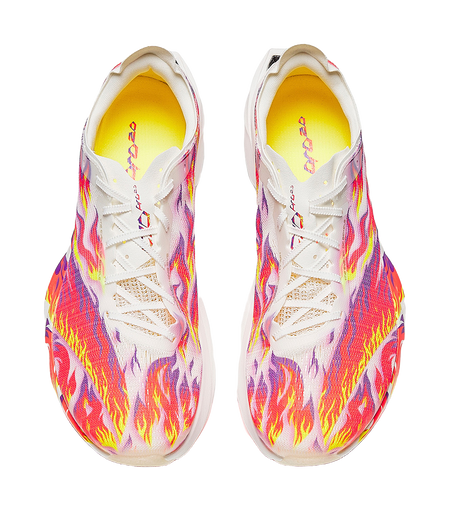 Marathon racing shoes with white laces and multicolor flame artwork on the uppers