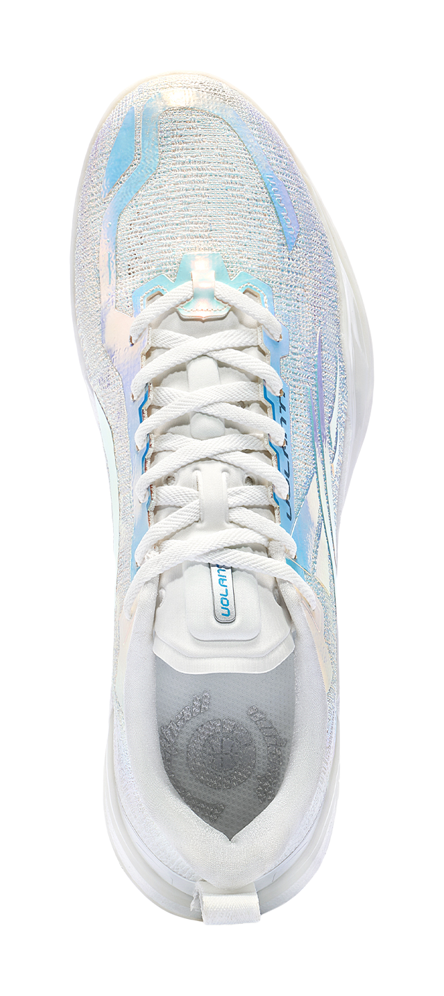 White low top basketball shoe, front view with lace-up closure and padded tongue.