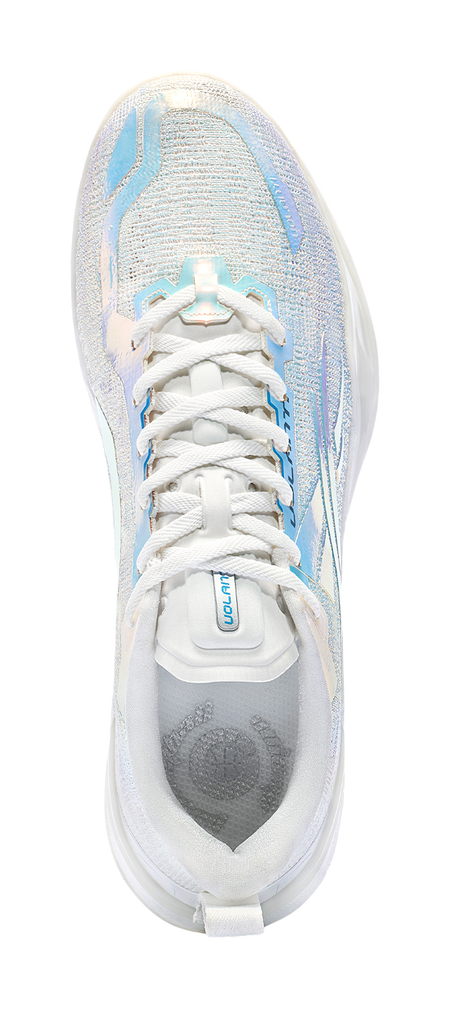 White low top basketball shoe, front view with lace-up closure and padded tongue.