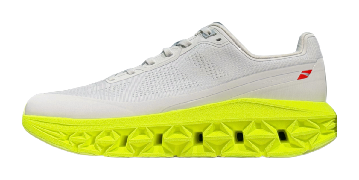Low-top sneakers, light gray perforated upper with neon green platform outsole