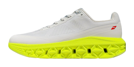 Low-top sneakers, light gray perforated upper with neon green platform outsole