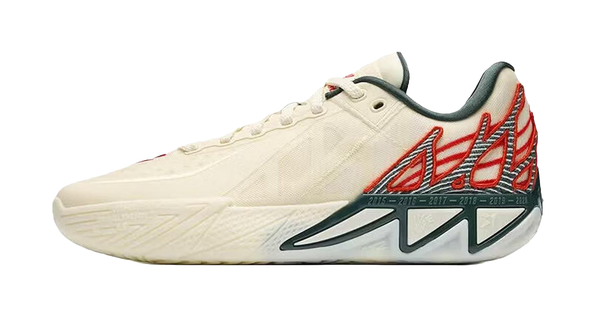 Beige basketball shoe with red and green accents, lace-up low-top design.