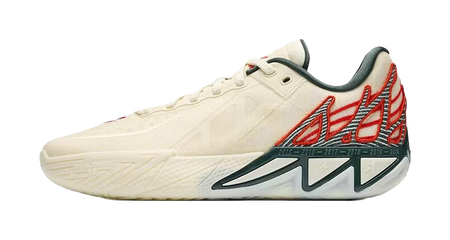 Beige basketball shoe with red and green accents, lace-up low-top design.