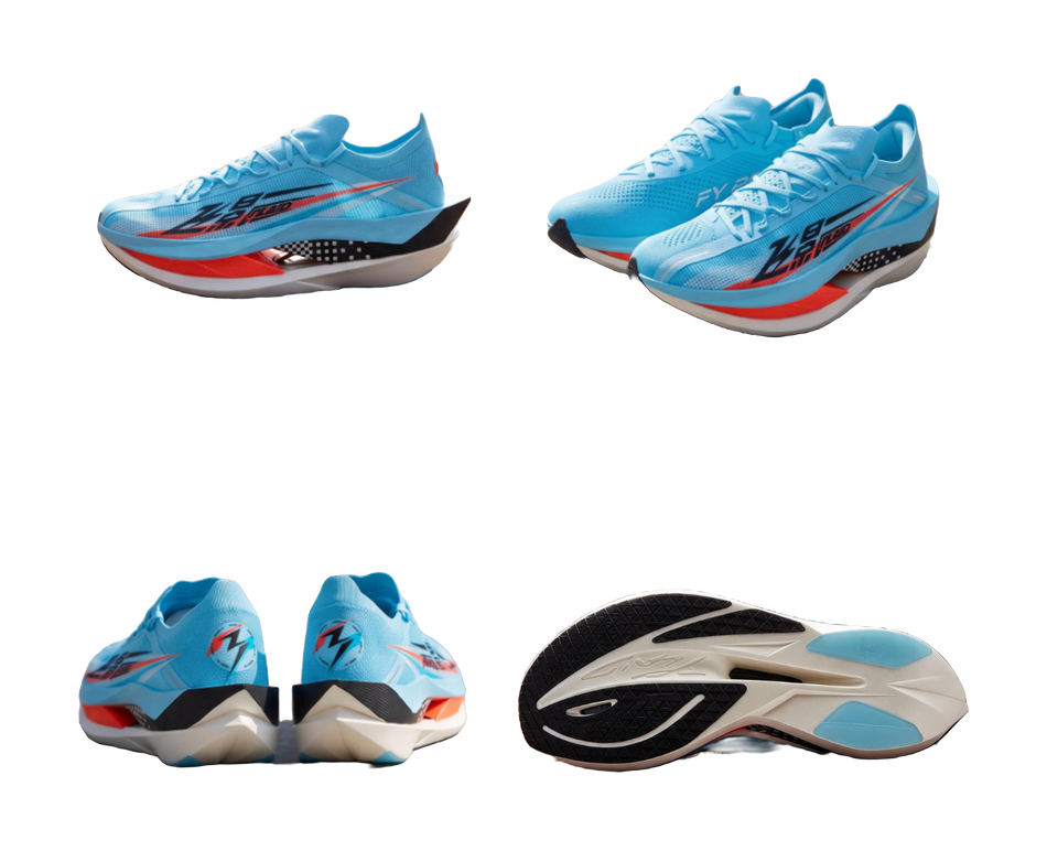 Pair of light blue low-top running shoes with checkered midsole and white outsole