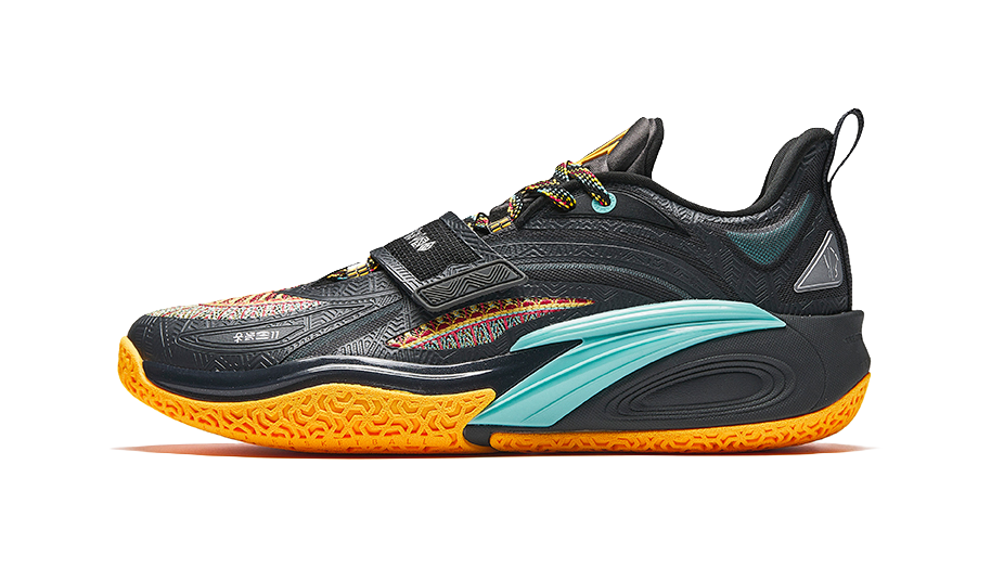 Black basketball shoe with teal side panel, multicolor laces, and orange traction outsole