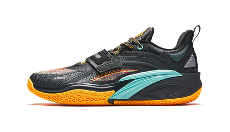 Black basketball shoe with teal side panel, multicolor laces, and orange traction outsole