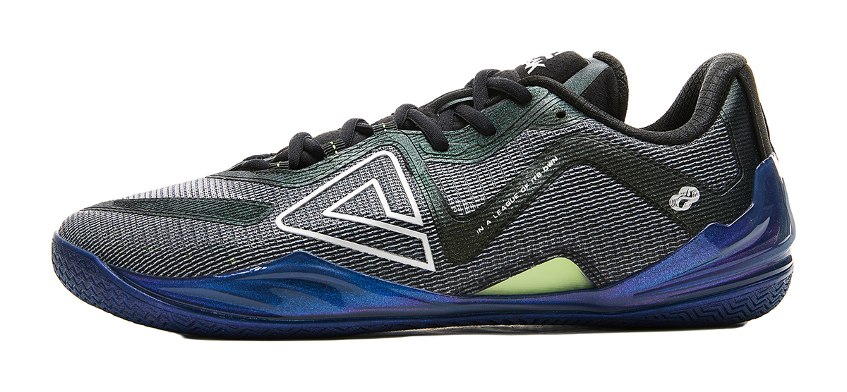 Black, teal and blue basketball shoe with mesh upper, black laces, chunky blue sole