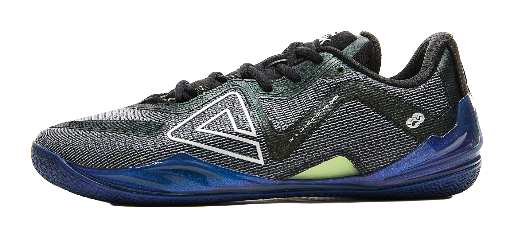 Black, teal and blue basketball shoe with mesh upper, black laces, chunky blue sole