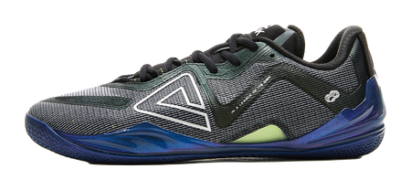 Black, teal and blue basketball shoe with mesh upper, black laces, chunky blue sole