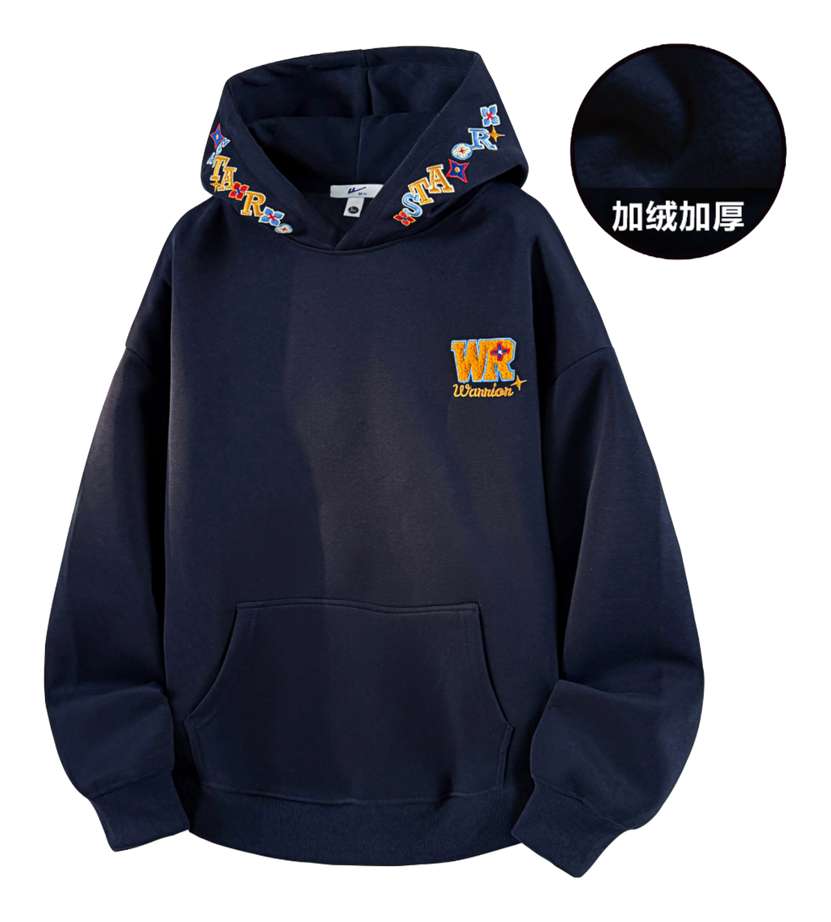 Warrior Warrior American Basic Retro Fun Embroidered Letter Logo Loose Casual Trend Versatile Windproof College Style Sports Couple Hooded Long Sleeve Thick Velvet Hoodie for Men and Women  vjsneaker.com