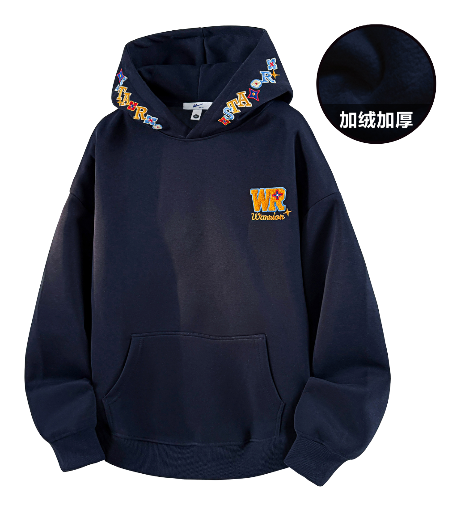 Warrior Warrior American Basic Retro Fun Embroidered Letter Logo Loose Casual Trend Versatile Windproof College Style Sports Couple Hooded Long Sleeve Thick Velvet Hoodie for Men and Women  vjsneaker.com