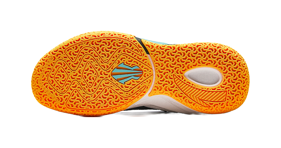 Basketball shoe outsole in bright orange with teal logo mark and gray toe insert