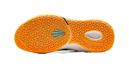 Basketball shoe outsole in bright orange with teal logo mark and gray toe insert