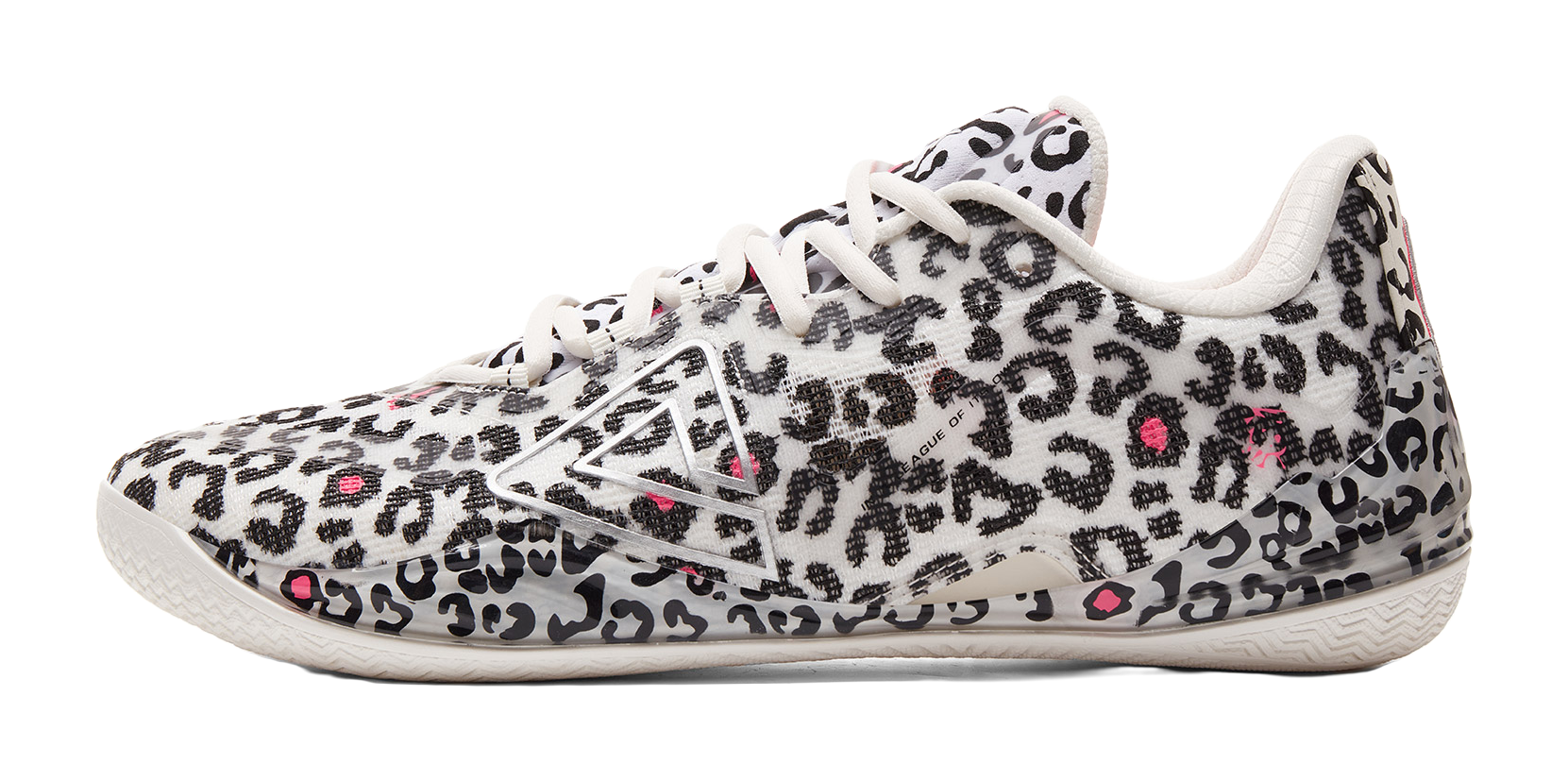 White low-top basketball shoe with black leopard pattern, pink triangle logo, and laces