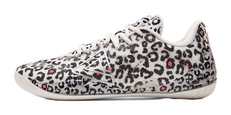 White low-top basketball shoe with black leopard pattern, pink triangle logo, and laces