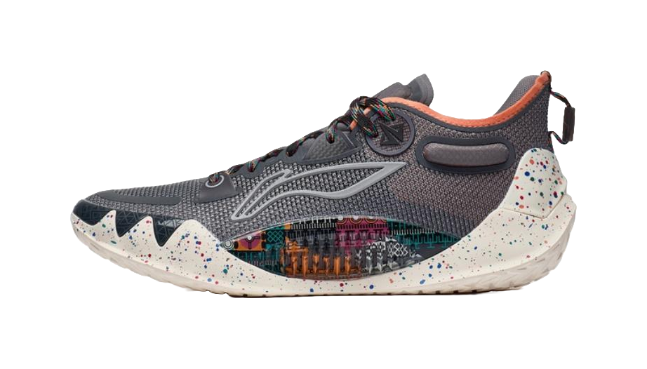 Unisex dark grey basketball sneaker with white speckled midsole and multicolor side panel