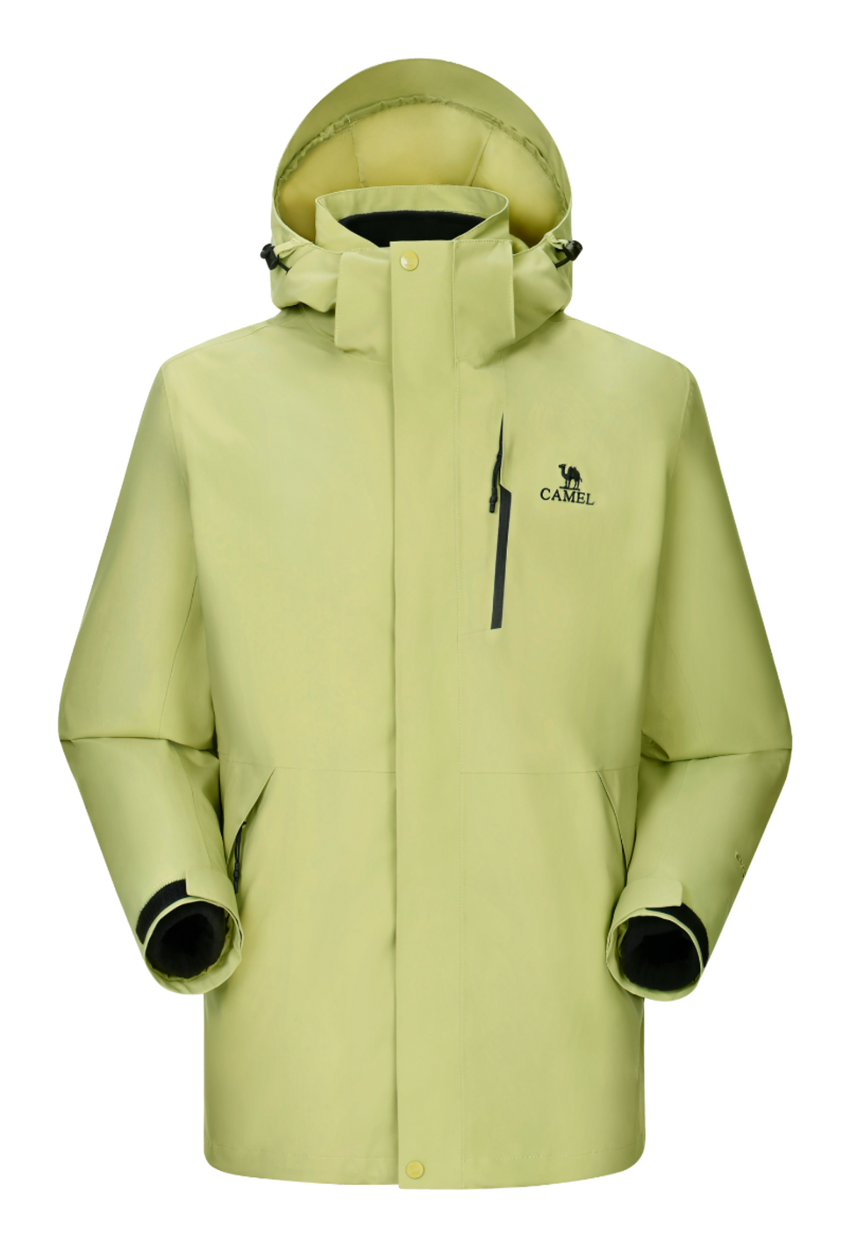 Lime green hooded waterproof jacket with full-zip, drawcord hood, chest logo.