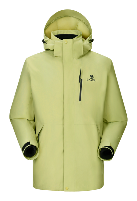 Lime green hooded waterproof jacket with full-zip, drawcord hood, chest logo.