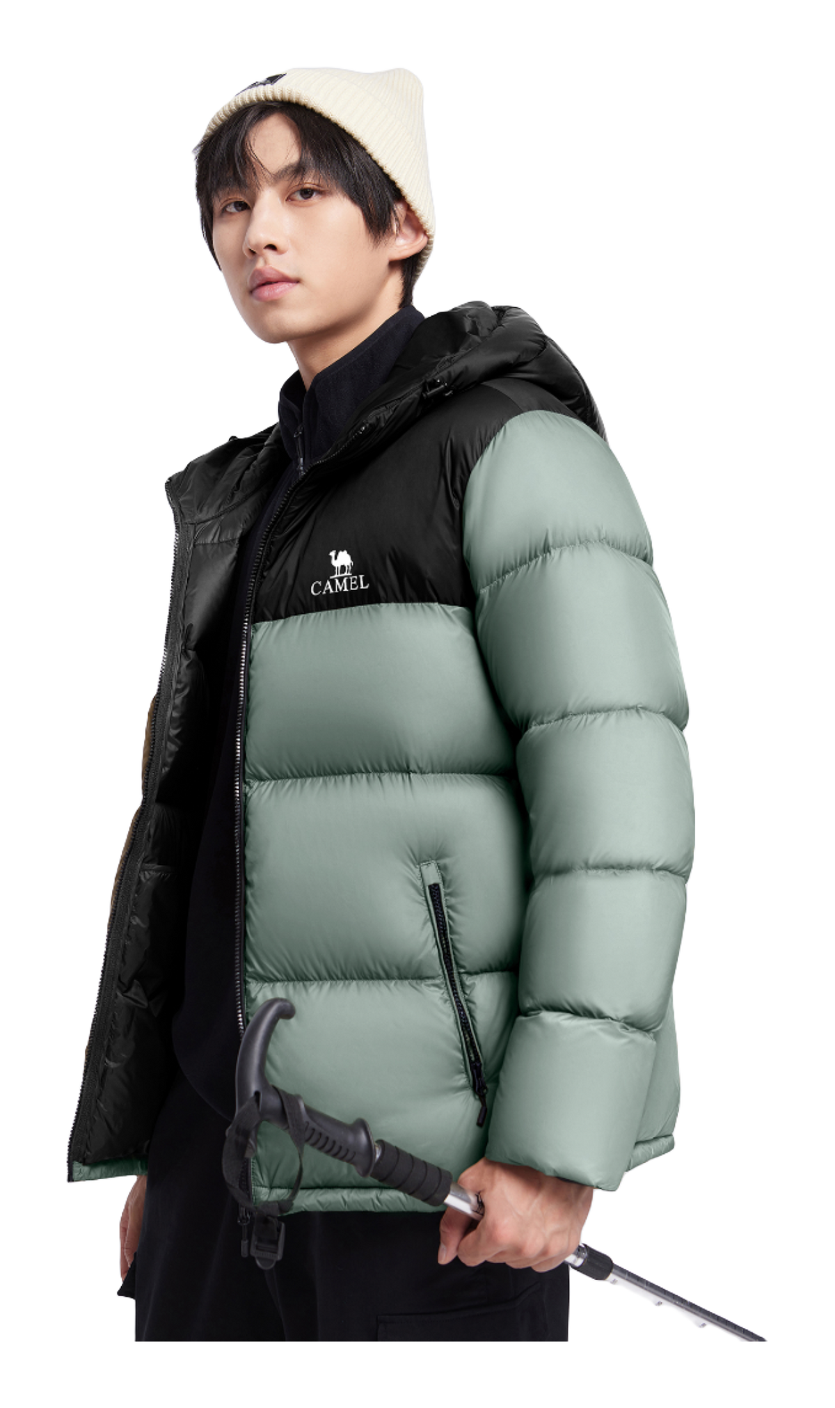 Two-tone down jacket, quilted puffer design, CAMEL logo on chest; side view in sage green